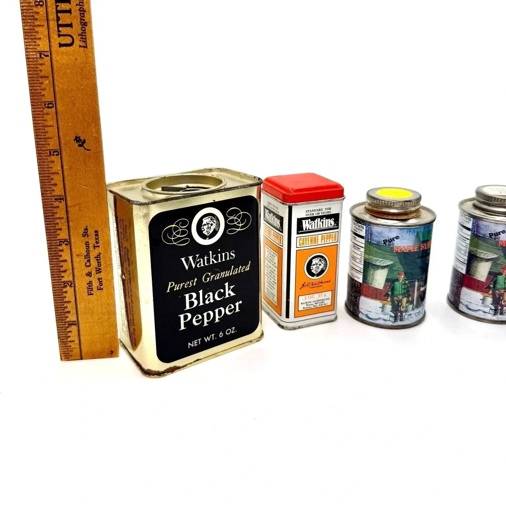 Vintage Watkins Spice Tins & Maple Syrup Cans and‎ Black Pepper Cayenne Lot of 5